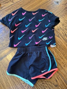 Nike Girls' Black Crop Top & Active Shorts Set with Multi-Color Swooshes